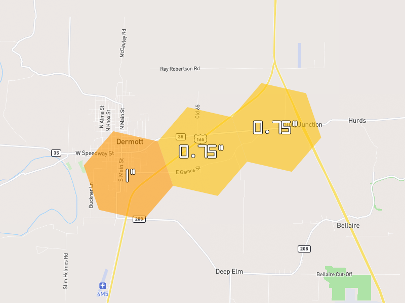 Hail map of Dermott, AR on Jul 7, 2026, hail up to 1"