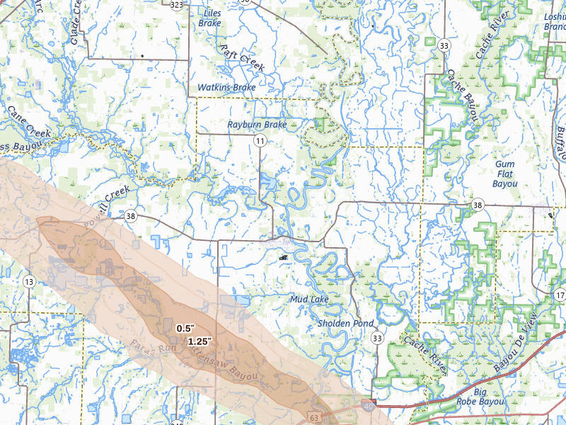 Radar-estimated hail-size map of the storm over Des Arc, AR on Feb 26, 2026