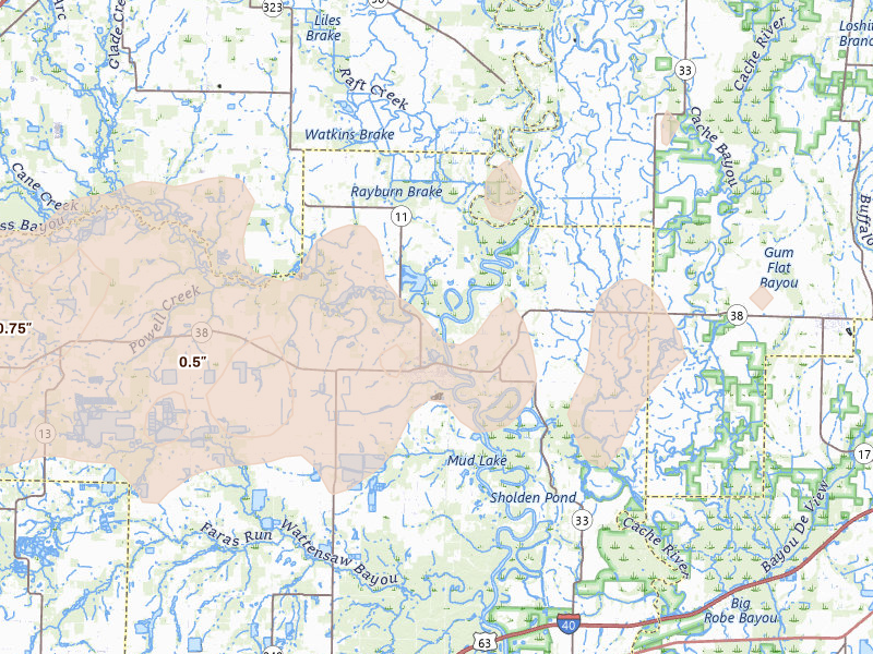 Radar-estimated hail-size map of the storm over Des Arc, AR on Mar 15, 2026
