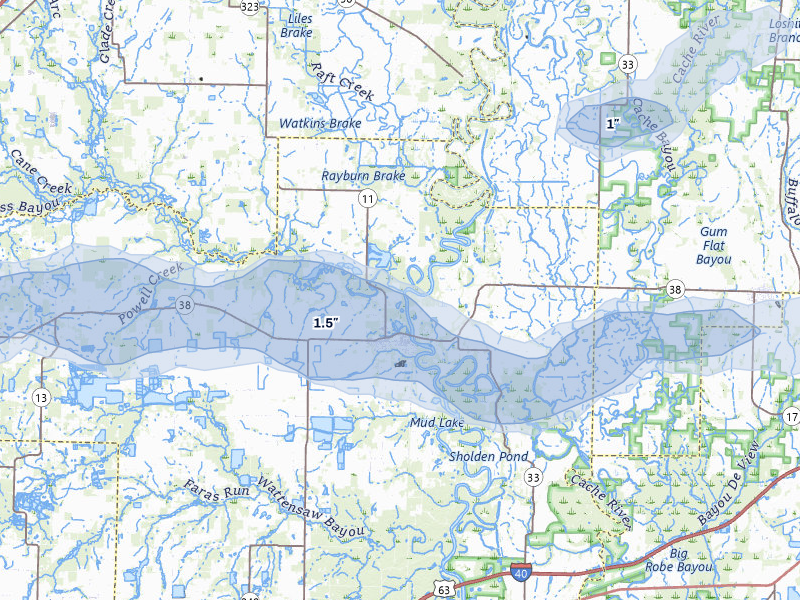 NEXRAD radar-signature map of the hail over Des Arc, AR