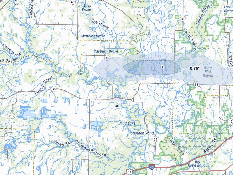 NEXRAD radar-signature map of the hail over Des Arc, AR