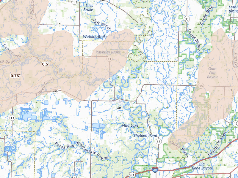 Radar-estimated hail-size map of the storm over Des Arc, AR on Apr 28, 2026