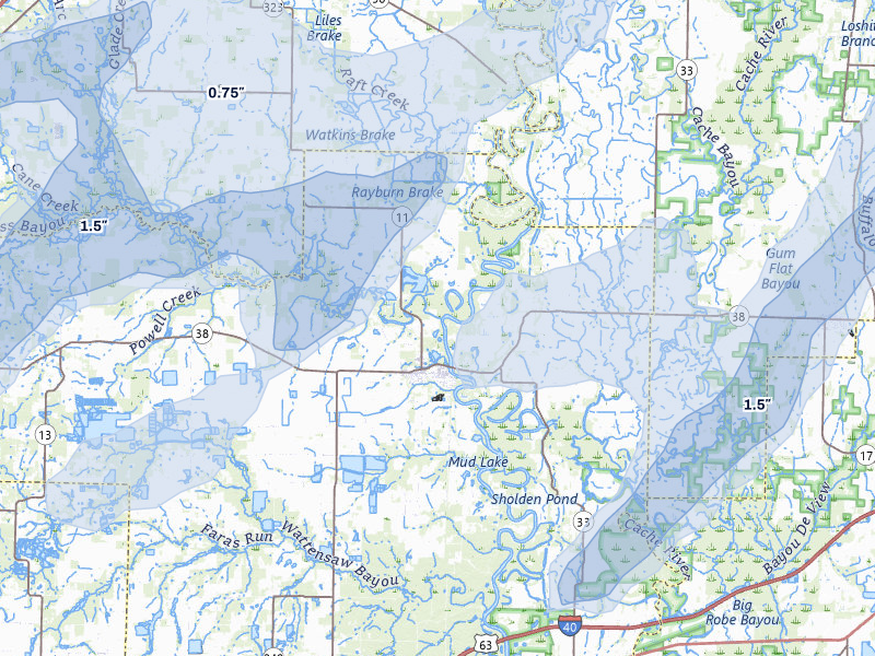 NEXRAD radar-signature map of the hail storm over Des Arc, AR on Apr 28, 2026