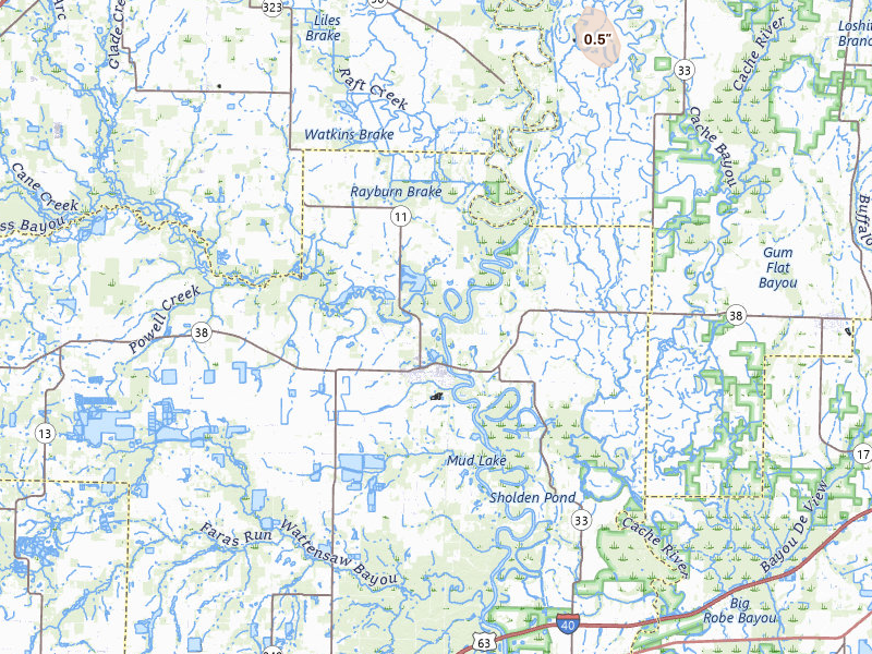 Radar-estimated hail-size map of the storm over Des Arc, AR on May 5, 2026