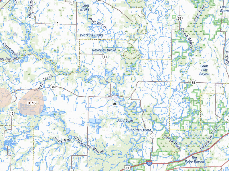 Radar-estimated hail-size map of the storm over Des Arc, AR on Jul 4, 2026