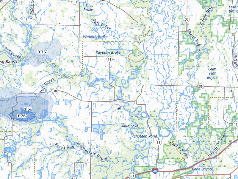 NEXRAD radar-signature map of the hail over Des Arc, AR