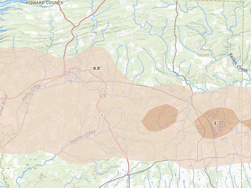 Radar-estimated hail-size map of the storm over Dierks, AR on Mar 15, 2026