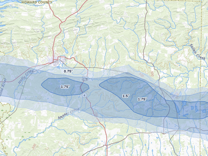 NEXRAD radar-signature map of the hail over Dierks, AR