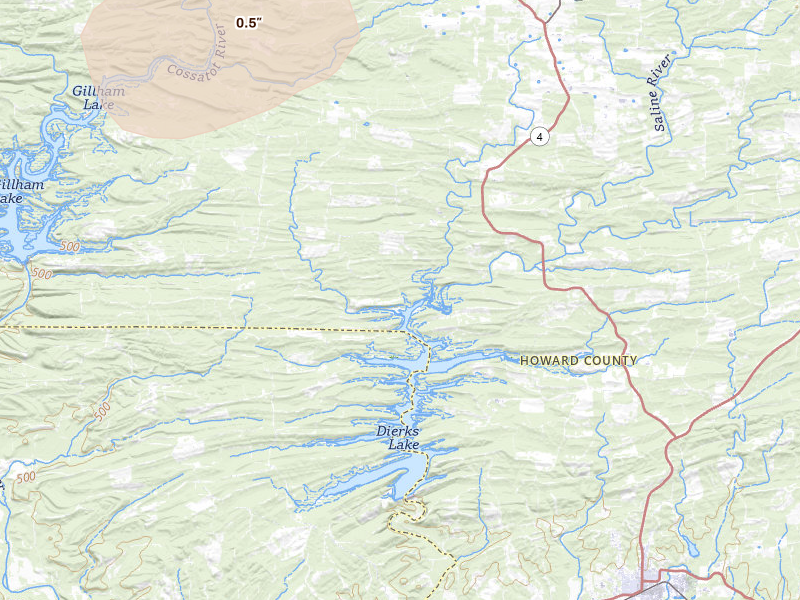 Radar-estimated hail-size map of the storm over Dierks, AR on Apr 24, 2026