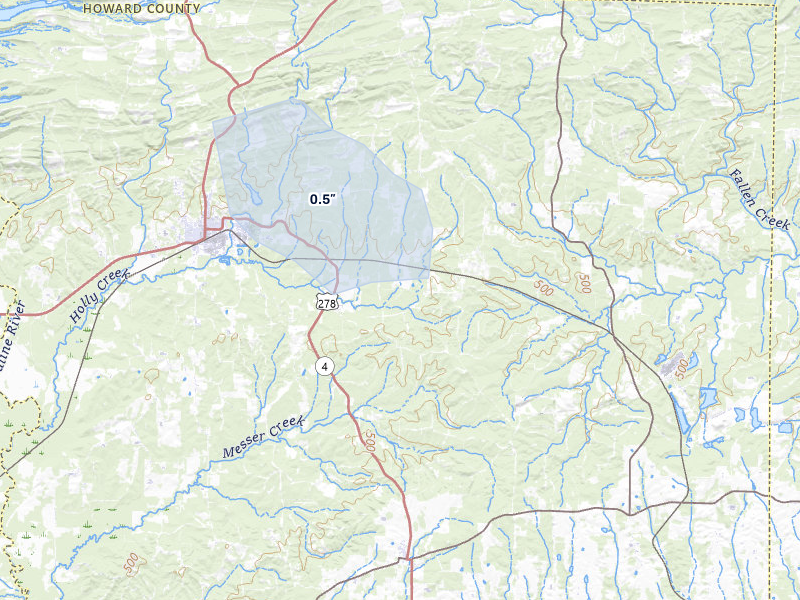 NEXRAD radar-signature map of the hail over Dierks, AR