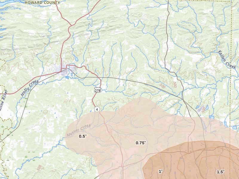 Radar-estimated hail-size map of the storm over Dierks, AR on Apr 25, 2026