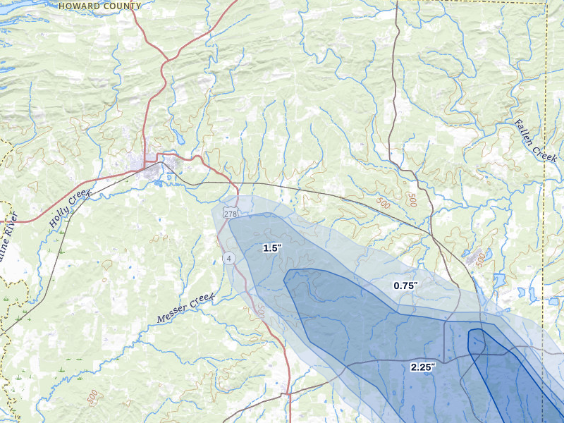 NEXRAD radar-signature map of the hail over Dierks, AR