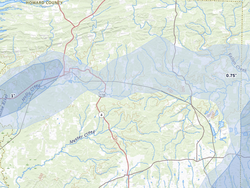NEXRAD radar-signature map of the hail storm over Dierks, AR on Apr 28, 2026