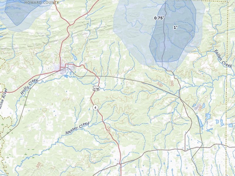 NEXRAD radar-signature map of the hail storm over Dierks, AR on Jul 7, 2026