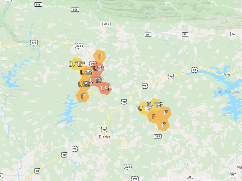 Hail map of Dierks, AR on Jul 7, 2026, hail up to 1.75"