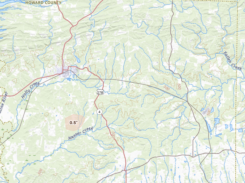 Radar-estimated hail-size map of the storm over Dierks, AR on Jul 12, 2026