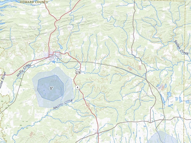 NEXRAD radar-signature map of the hail storm over Dierks, AR on Jul 12, 2026