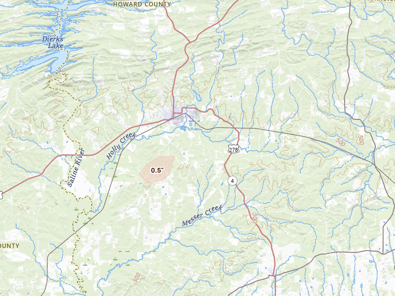 Radar-estimated hail-size map of the storm over Dierks, AR on Aug 8, 2026