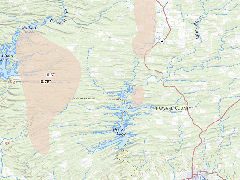 Radar-estimated hail-size map of the storm over Dierks, AR on Aug 20, 2026