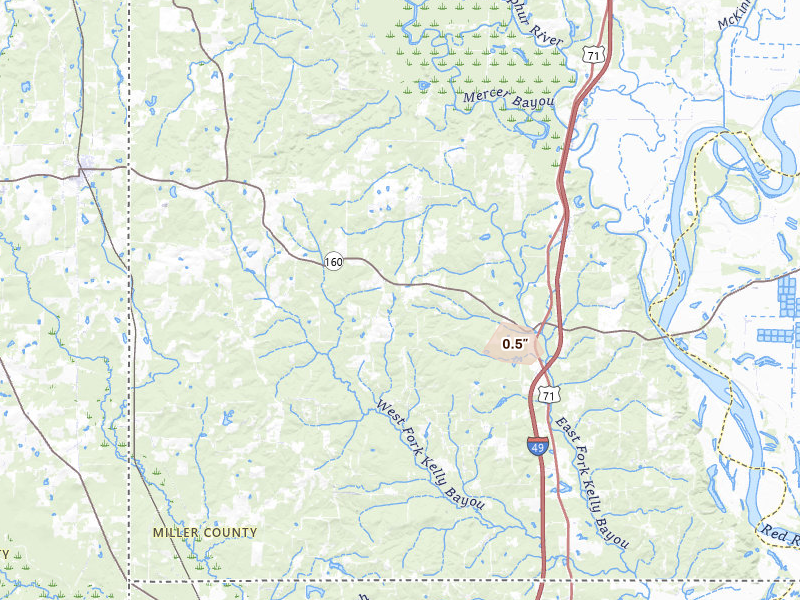 Radar-estimated hail-size map of the storm over Doddridge, AR on Apr 24, 2026