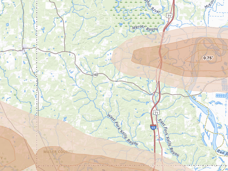 Radar-estimated hail-size map of the storm over Doddridge, AR on Apr 29, 2026