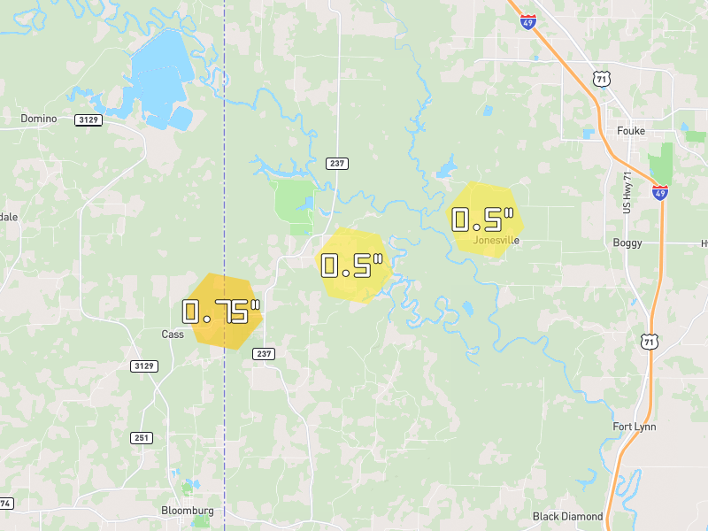 Hail map of Doddridge, AR on Jun 7, 2026, hail up to 0.75"