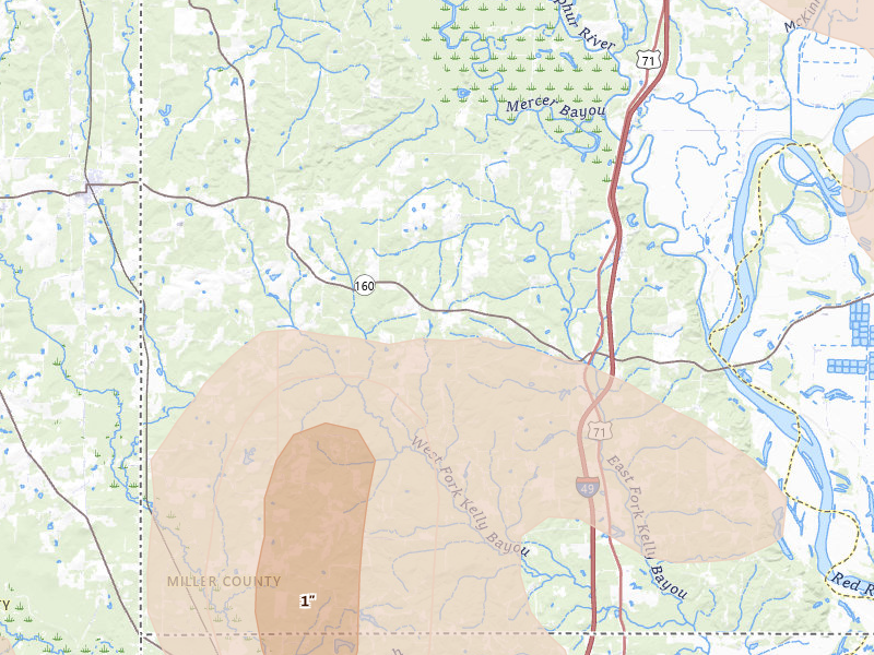 Radar-estimated hail-size map of the storm over Doddridge, AR on Jun 22, 2026