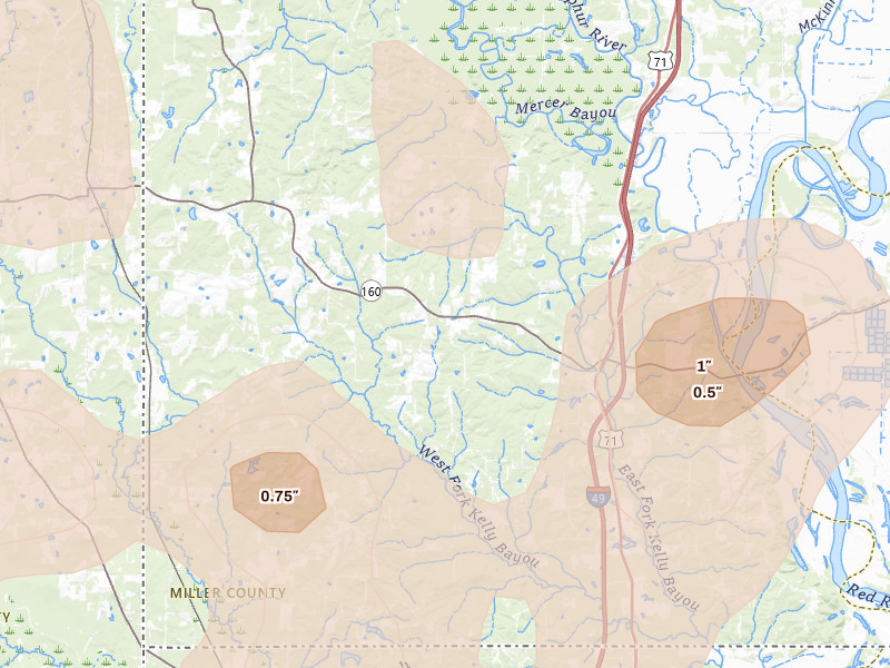 Radar-estimated hail-size map of the storm over Doddridge, AR on Jul 6, 2026