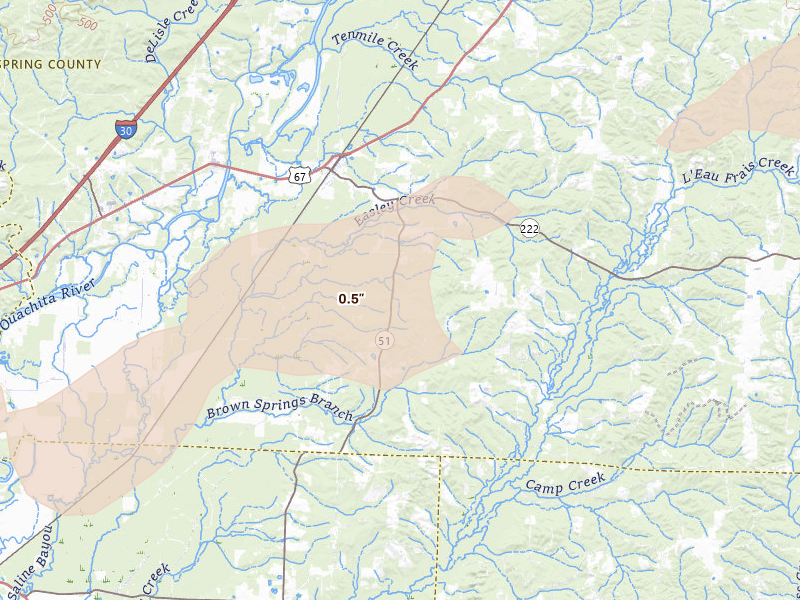 Radar-estimated hail-size map of the storm over Donaldson, AR on Apr 28, 2026