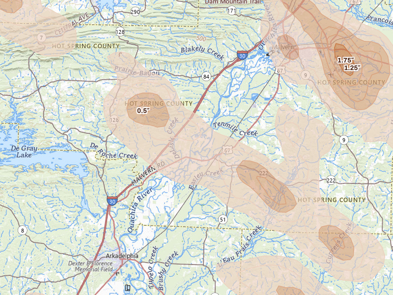 Radar-estimated hail-size map of the storm over Donaldson, AR on Aug 20, 2026