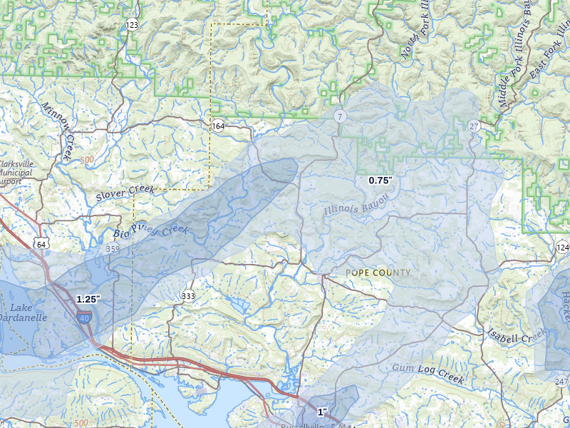 NEXRAD radar-signature map of the hail storm over Dover, AR on Apr 28, 2026
