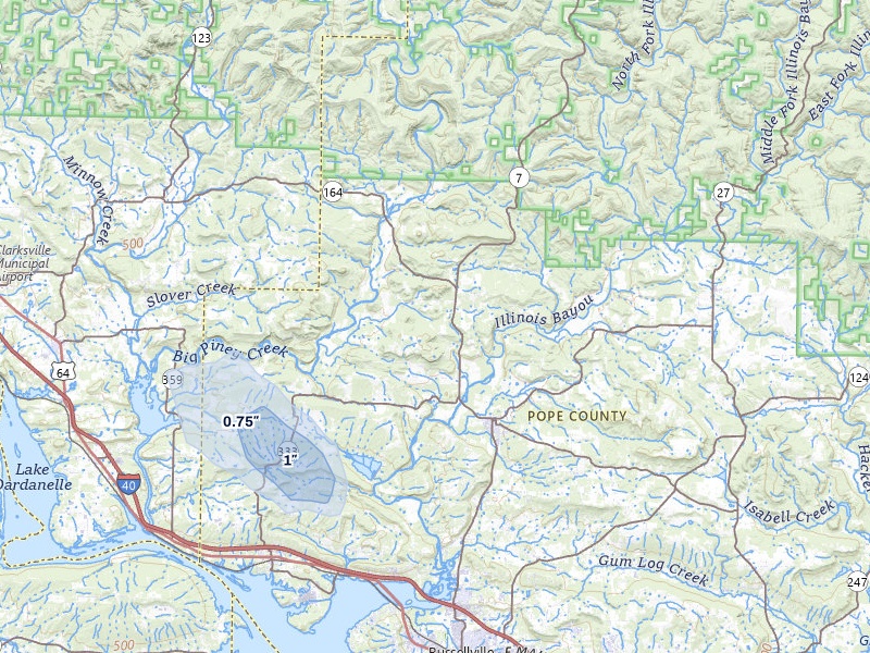 NEXRAD radar-signature map of the hail over Dover, AR