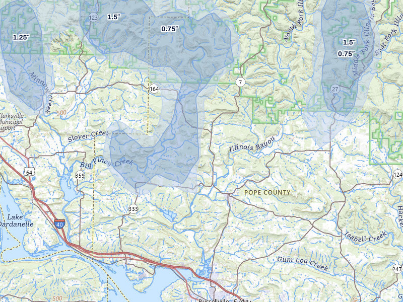 NEXRAD radar-signature map of the hail over Dover, AR