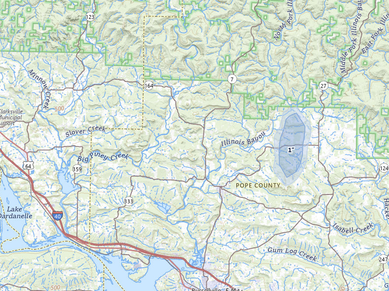 NEXRAD radar-signature map of the hail storm over Dover, AR on Jul 10, 2026