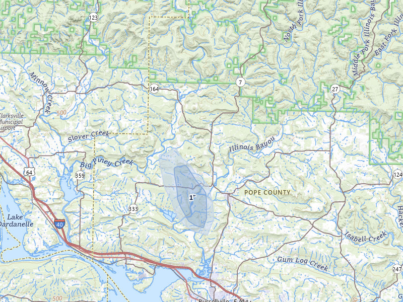 NEXRAD radar-signature map of the hail storm over Dover, AR on Jul 29, 2026