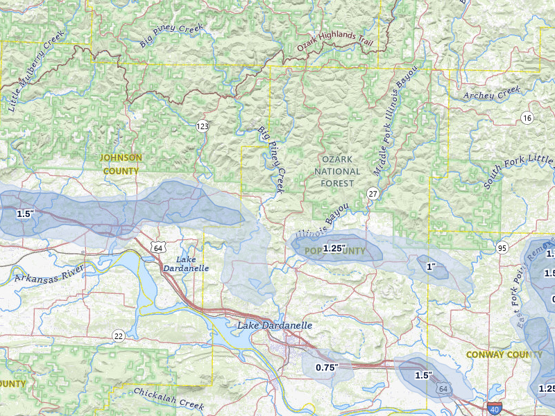 NEXRAD radar-signature map of the hail storm over Dover, AR on Aug 17, 2026