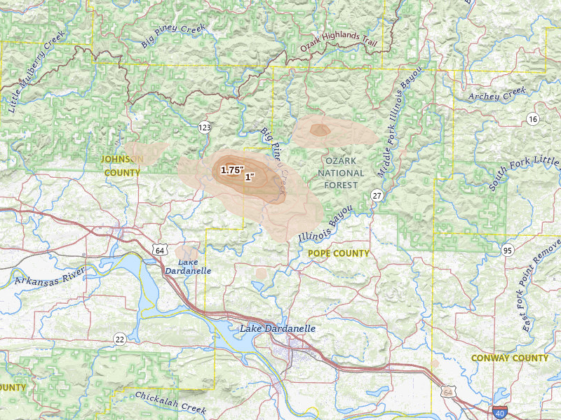 Radar-estimated hail-size map of the storm over Dover, AR on Aug 22, 2026