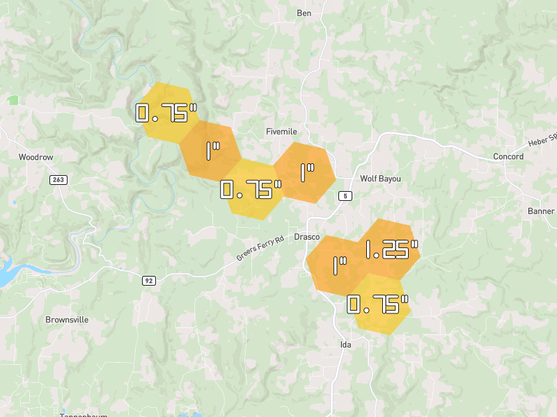 Hail map of Drasco, AR on Jun 1, 2026, hail up to 1.25"