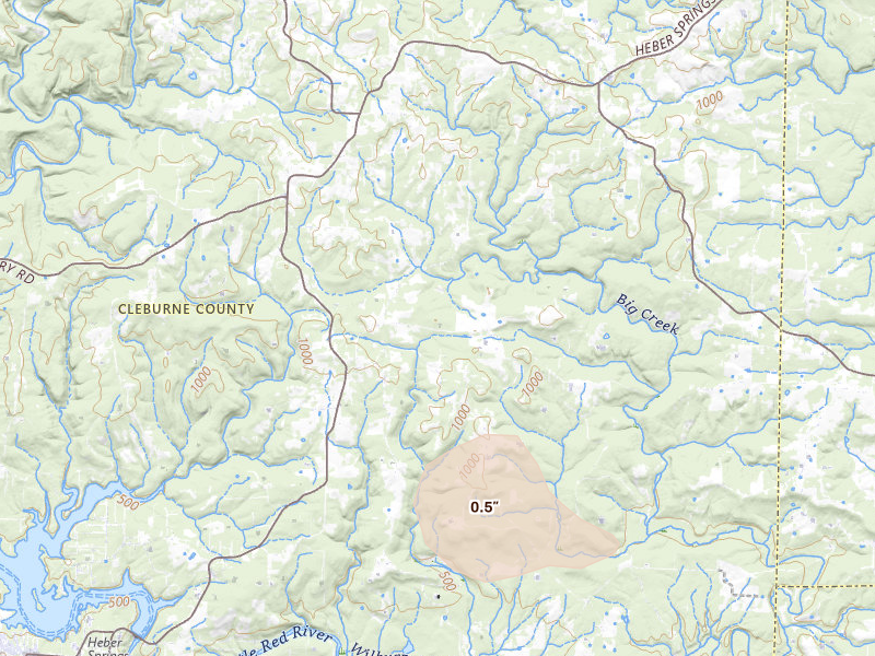 Radar-estimated hail-size map of the storm over Drasco, AR on Jul 6, 2026