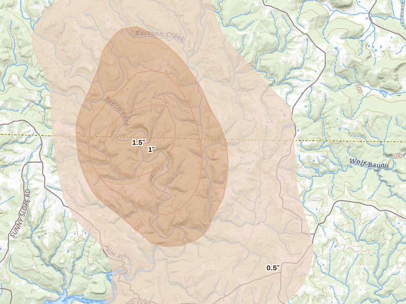 Radar-estimated hail-size map of the storm over Drasco, AR on Aug 26, 2026