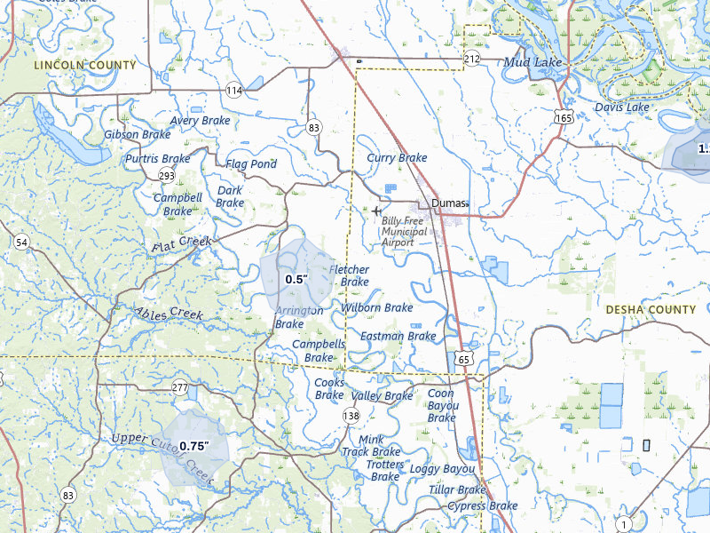 NEXRAD radar-signature map of the hail storm over Dumas, AR on Mar 7, 2026
