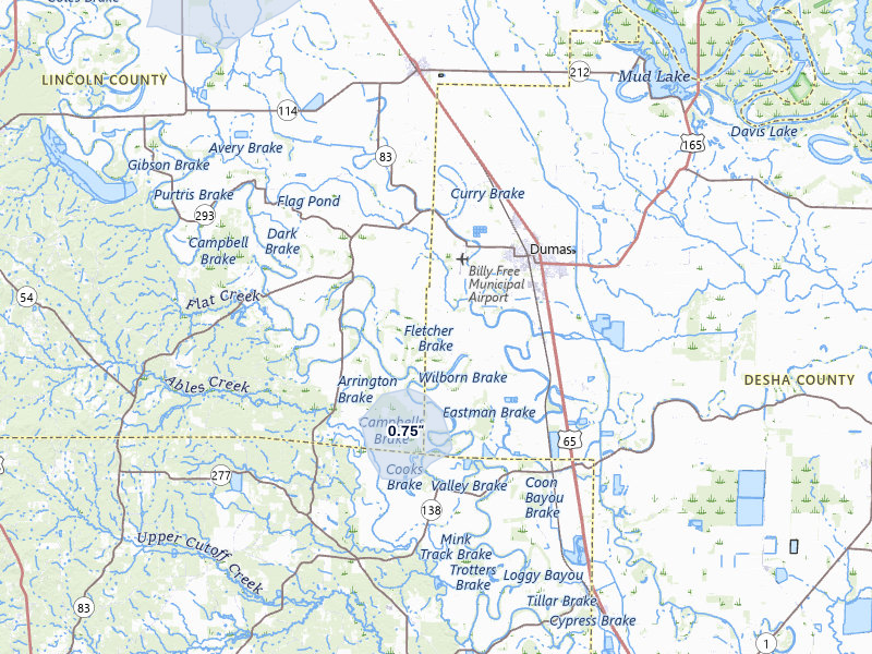 NEXRAD radar-signature map of the hail storm over Dumas, AR on Jul 11, 2026