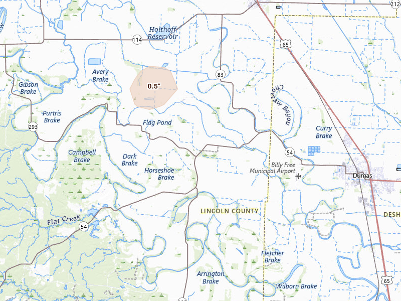 Radar-estimated hail-size map of the storm over Dumas, AR on Aug 19, 2026