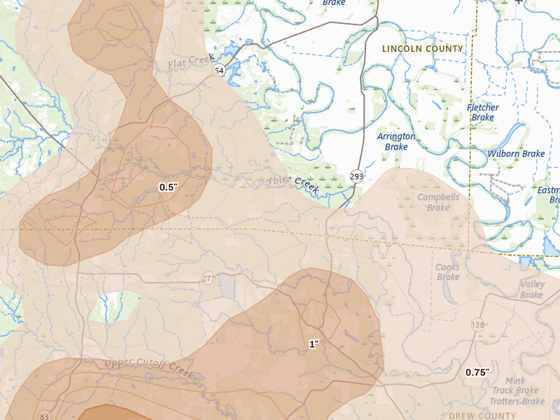 Radar-estimated hail-size map of the storm over Dumas, AR on Aug 20, 2026