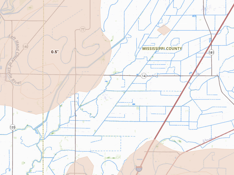 Radar-estimated hail-size map of the storm over Dyess, AR on Apr 27, 2026
