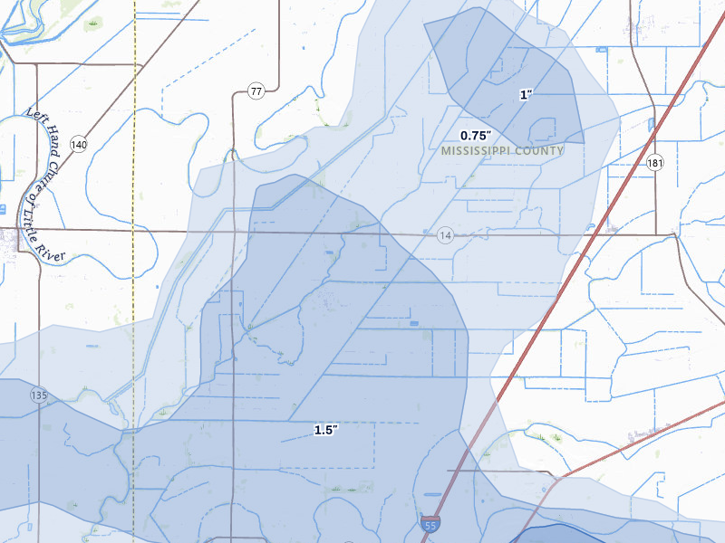 NEXRAD radar-signature map of the hail storm over Dyess, AR on Apr 27, 2026