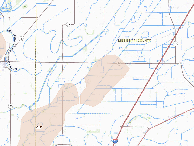 Radar-estimated hail-size map of the storm over Dyess, AR on Apr 28, 2026