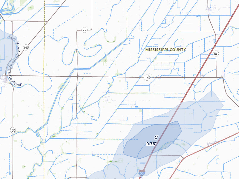 NEXRAD radar-signature map of the hail storm over Dyess, AR on Apr 28, 2026