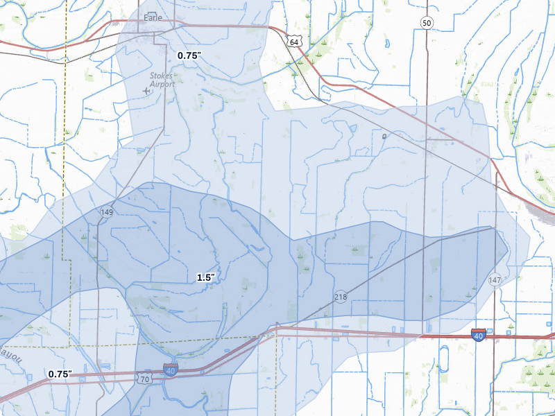 NEXRAD radar-signature map of the hail storm over Earle, AR on Apr 28, 2026