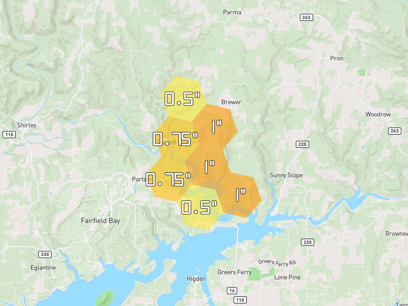 Hail map of Edgemont, AR on Jul 6, 2026, hail up to 1"